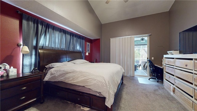 bedroom with carpet, access to outside, vaulted ceiling, and a ceiling fan