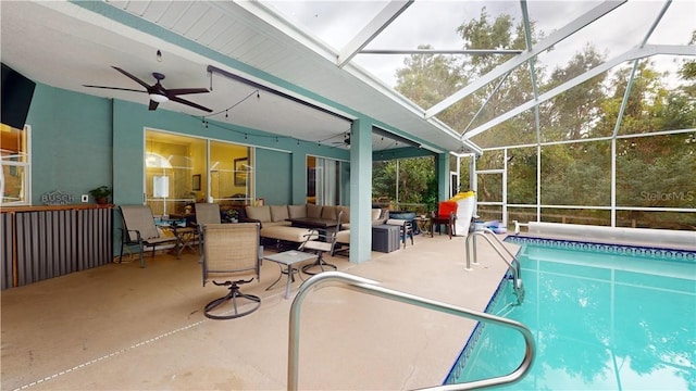 outdoor pool with a patio, a lanai, an outdoor living space, and a ceiling fan