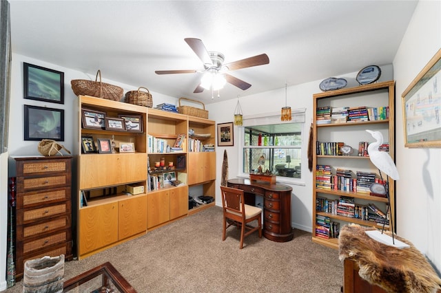 office space featuring ceiling fan and carpet flooring