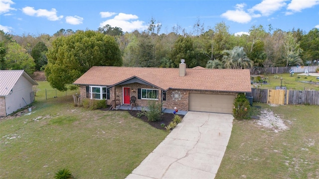 single story home featuring a front yard, concrete driveway, fence, and an attached garage