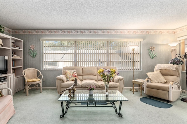 carpeted living area featuring a textured ceiling and baseboards