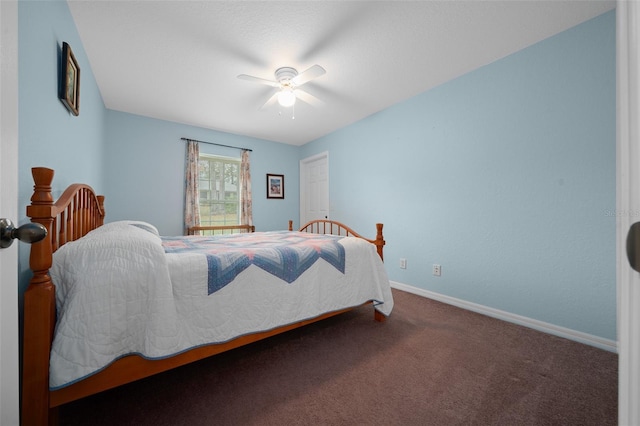 bedroom with carpet floors, ceiling fan, and baseboards