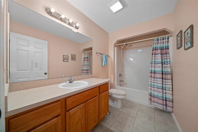 bathroom with shower / bathtub combination with curtain, vanity, toilet, and tile patterned floors