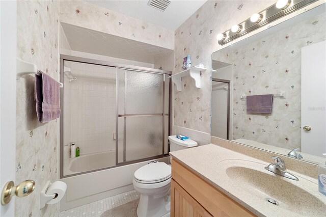 full bath with tile patterned flooring, visible vents, wallpapered walls, and vanity