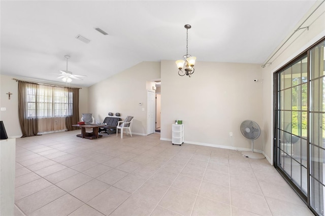 living area featuring vaulted ceiling, light tile patterned floors, ceiling fan with notable chandelier, and visible vents