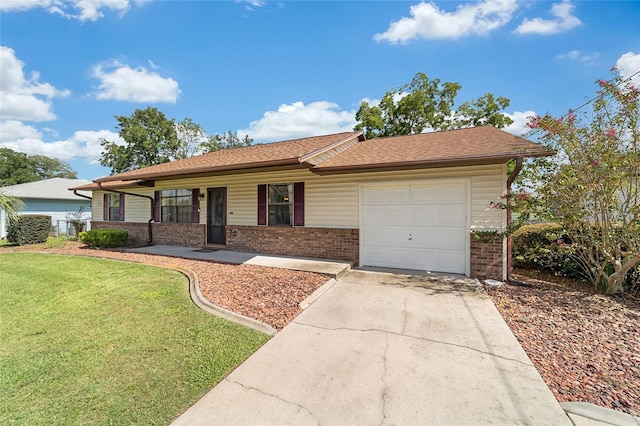 ranch-style home with roof with shingles, concrete driveway, a front lawn, a garage, and brick siding