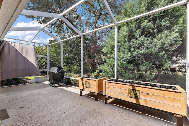 view of patio / terrace with grilling area and glass enclosure