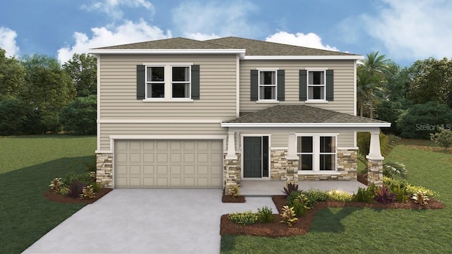 view of front of house featuring concrete driveway, stone siding, a front lawn, and an attached garage