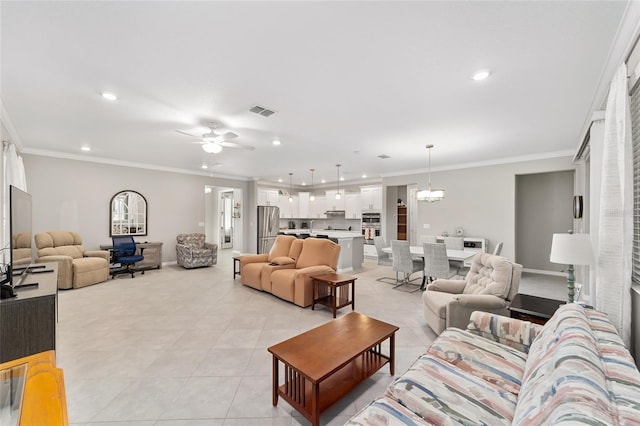 living room featuring visible vents, recessed lighting, and crown molding