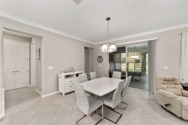 dining space featuring visible vents, crown molding, baseboards, light tile patterned floors, and an inviting chandelier