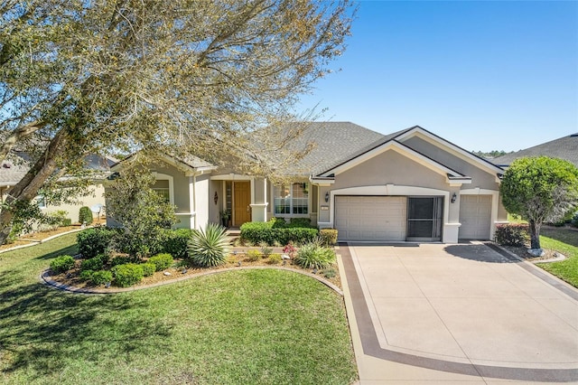 single story home featuring concrete driveway, a front lawn, an attached garage, and stucco siding