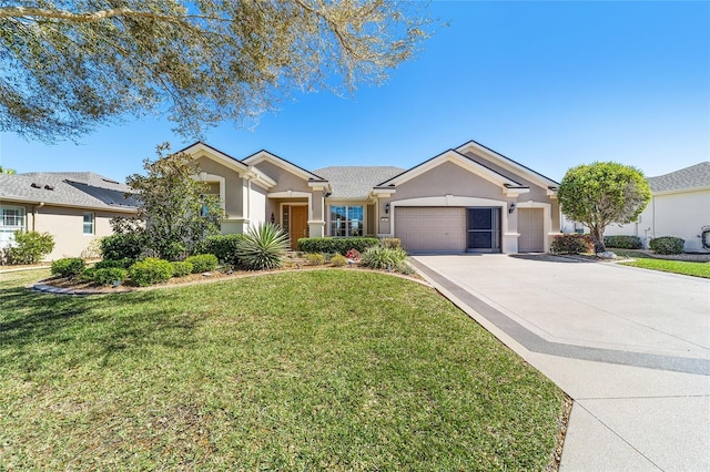 ranch-style home with a garage, driveway, a front lawn, and stucco siding