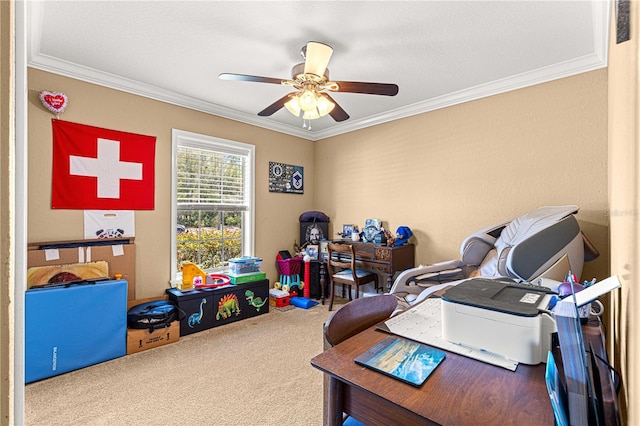 interior space with carpet floors, ceiling fan, and crown molding