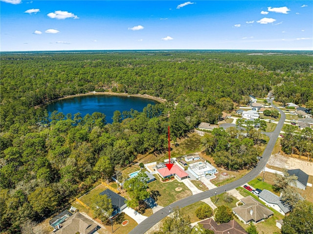 bird's eye view with a forest view and a water view