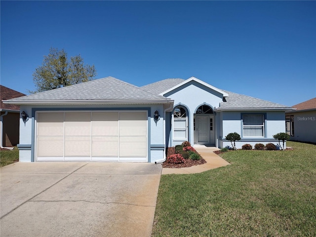 single story home featuring an attached garage, a shingled roof, concrete driveway, stucco siding, and a front yard