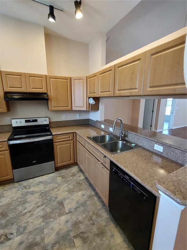 kitchen with dishwasher, electric stove, light brown cabinetry, under cabinet range hood, and a sink