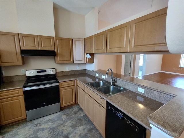 kitchen featuring under cabinet range hood, a peninsula, a sink, stainless steel range with electric cooktop, and black dishwasher