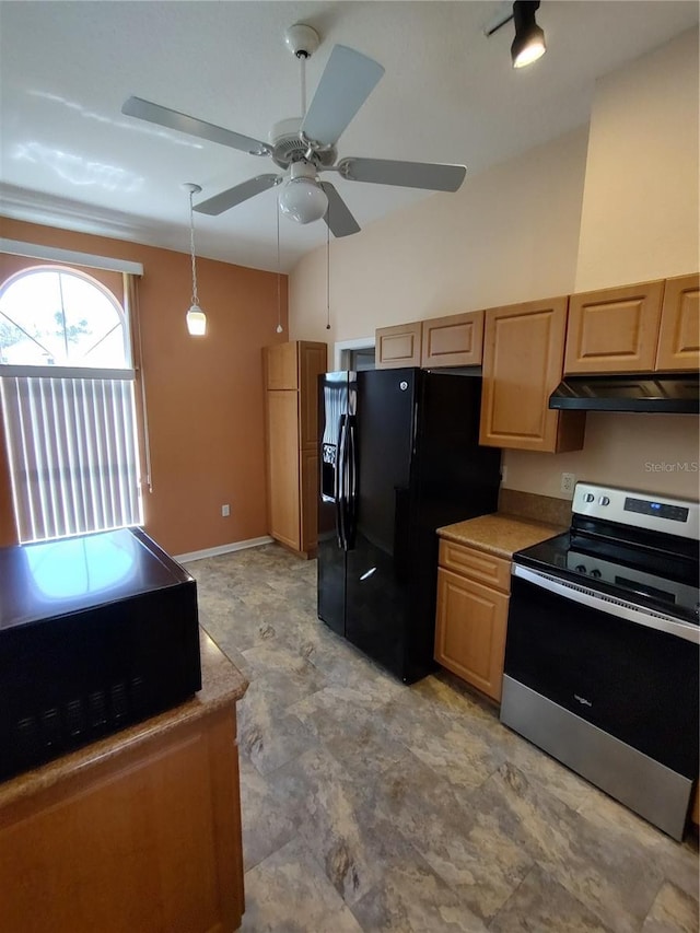 kitchen featuring ceiling fan, under cabinet range hood, light countertops, black appliances, and decorative light fixtures