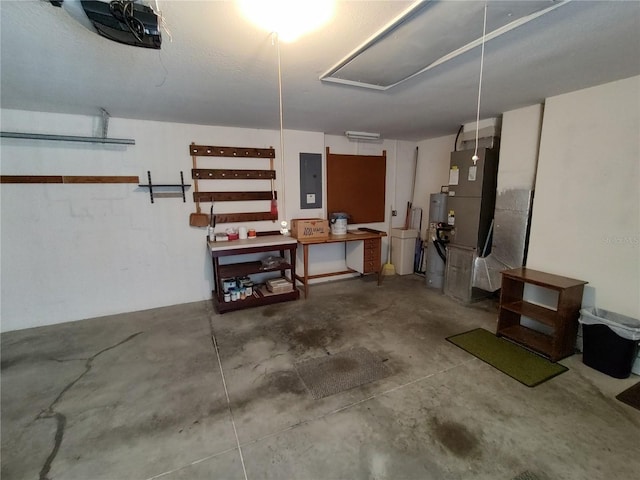 garage with electric panel and a garage door opener