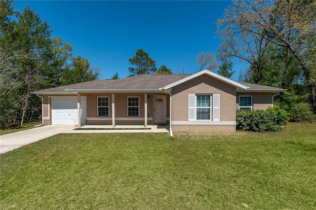 single story home with an attached garage, covered porch, stucco siding, a front lawn, and concrete driveway