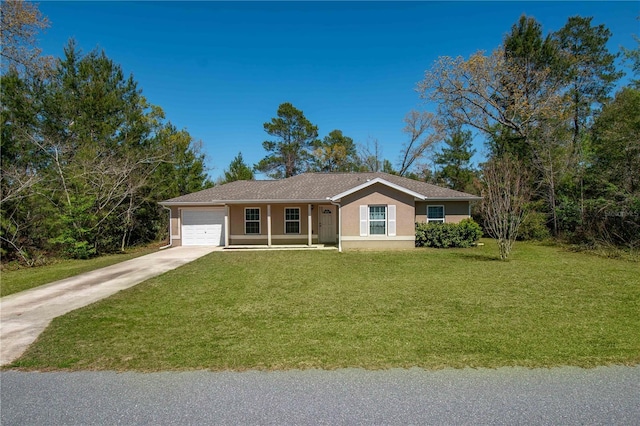 ranch-style house with stucco siding, concrete driveway, a front yard, and a garage