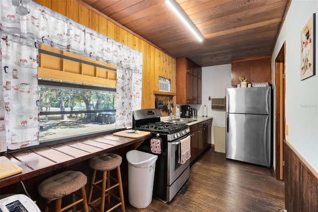 kitchen featuring a sink, wood ceiling, stainless steel appliances, and dark wood finished floors