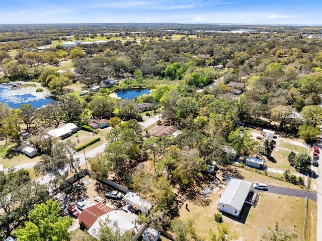 drone / aerial view with a water view and a forest view