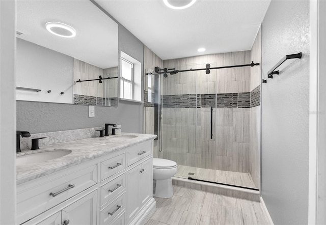 bathroom featuring a sink, toilet, and a stall shower