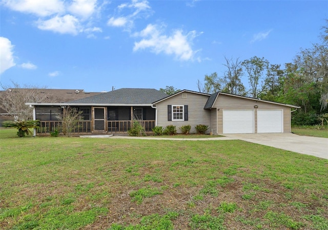 ranch-style home with concrete driveway, a garage, a sunroom, and a front lawn