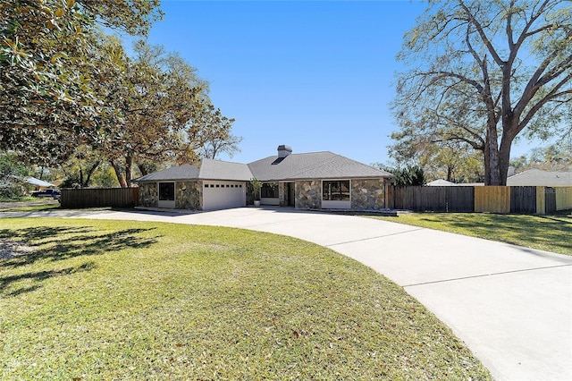 ranch-style house with a chimney, fence, a garage, stone siding, and driveway