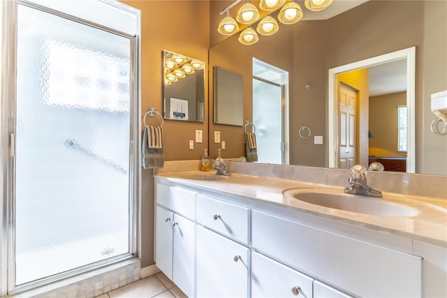 9458 SW 93rd Loop, Ocala, FL 34481 - full bathroom featuring a shower stall, double vanity, connected bathroom, and tile patterned flooring