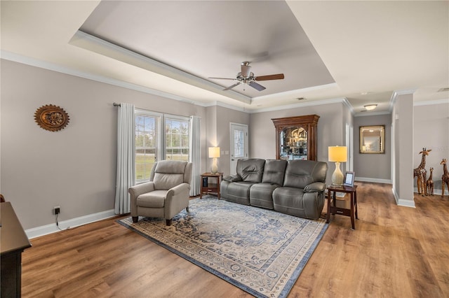 living room featuring light wood-type flooring, a raised ceiling, and baseboards