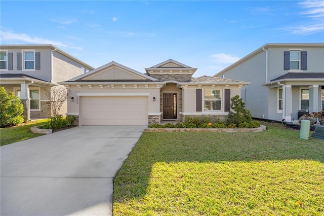 view of front facade with an attached garage, a front yard, stucco siding, stone siding, and driveway