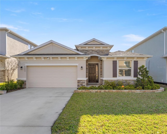 prairie-style house with a garage, stucco siding, concrete driveway, and a front lawn