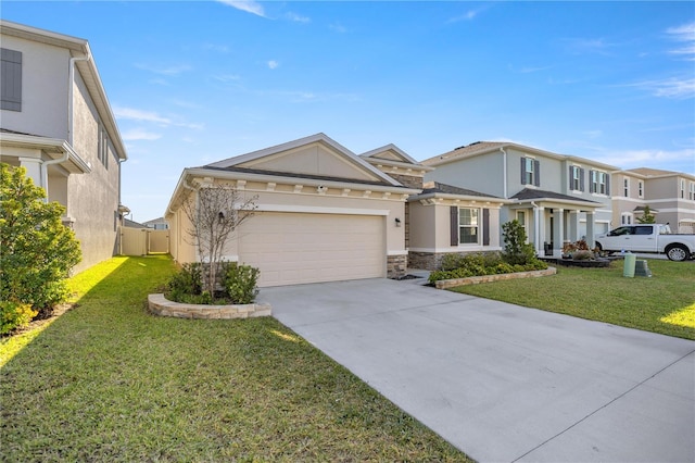 view of front of home with driveway, an attached garage, stucco siding, a front lawn, and stone siding