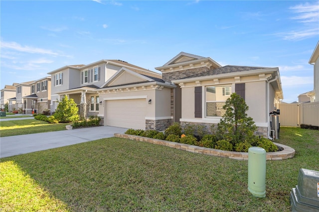 view of front of home with a front lawn, stucco siding, a garage, stone siding, and driveway