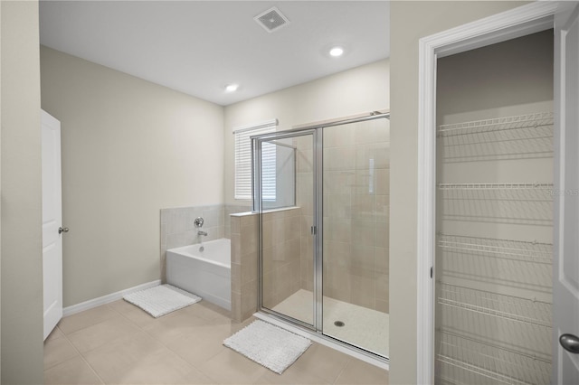 full bath with a bath, visible vents, tile patterned floors, and a stall shower