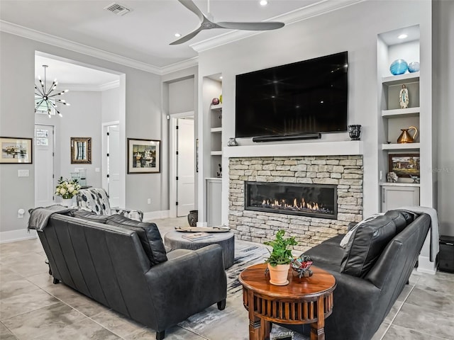 living area featuring built in features, a stone fireplace, visible vents, and ornamental molding