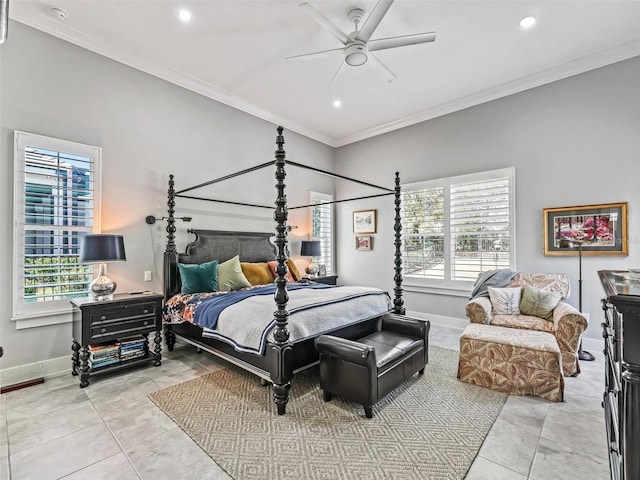 tiled bedroom featuring baseboards, multiple windows, and crown molding