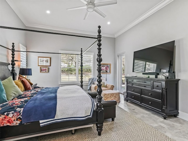 bedroom with recessed lighting, baseboards, a ceiling fan, and crown molding