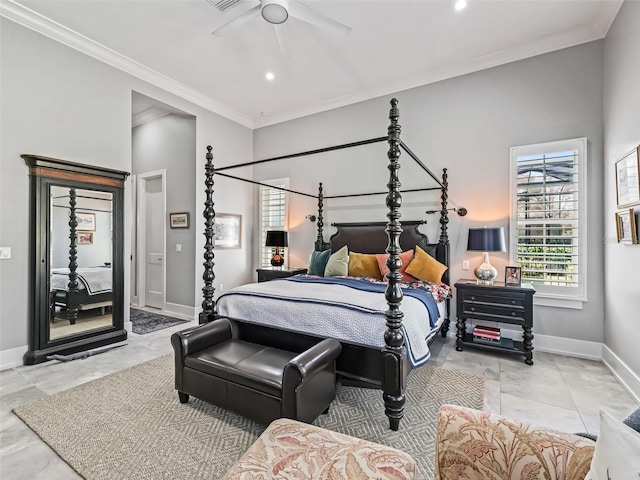 bedroom with ceiling fan, baseboards, ornamental molding, and recessed lighting