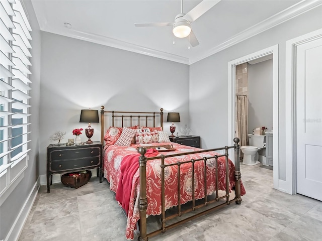 bedroom featuring ceiling fan, connected bathroom, baseboards, and ornamental molding