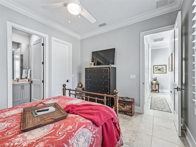 bedroom with light tile patterned floors, visible vents, and ornamental molding