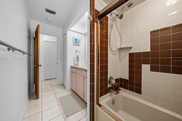 full bath featuring vanity, tile patterned floors, visible vents, and shower / bathtub combination