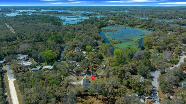 aerial view with a water view and a wooded view