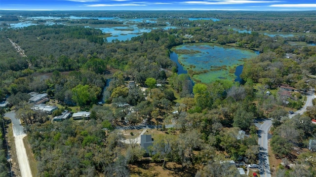 aerial view featuring a wooded view and a water view