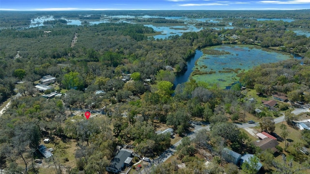 drone / aerial view featuring a water view and a wooded view