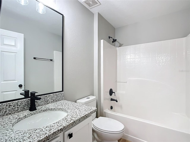 full bath featuring toilet, shower / bathtub combination, vanity, and visible vents