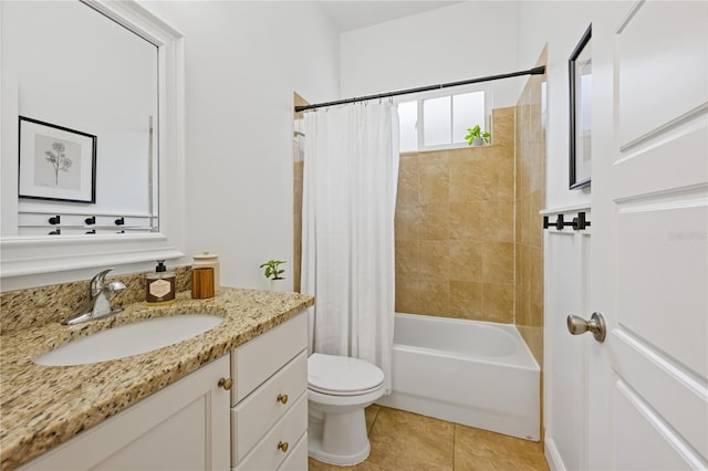 full bath with shower / bath combination with curtain, vanity, toilet, and tile patterned floors