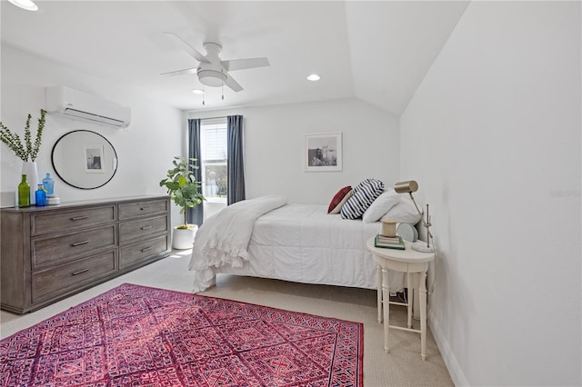 bedroom with light carpet, a ceiling fan, vaulted ceiling, a wall mounted AC, and recessed lighting